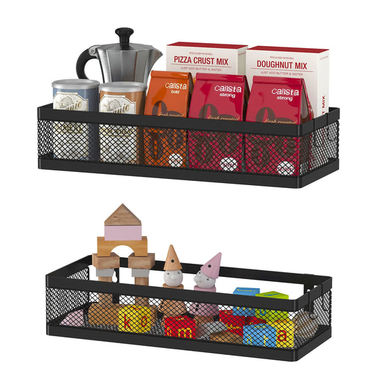 PUSDON Hanging Storage Baskets Organizer Wall Mount Metal Wire Storage Bin Rack for Kitchen Bathroom Shower Spice Shelf Home Decor Essentials Black-2 Packs (Netting)