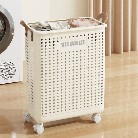 HGZBS Collapsible Laundry Basket with Wheels and Handle Plastic Foldable Laundry Hamper Versatile Portable Storage Basket Durable and Practical for Laundry and Bathroom (White Small)